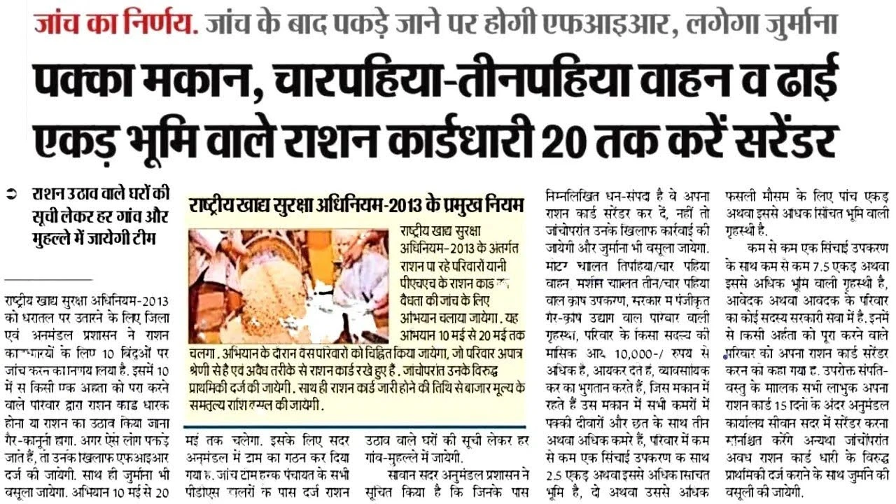 खाद्य सुरक्षा योजना में जिनके पास चार पहिया वाहन है और फिर भी उठा रहे राशन कार्ड का लाभ, सरकार करेगी कार्रवाई!